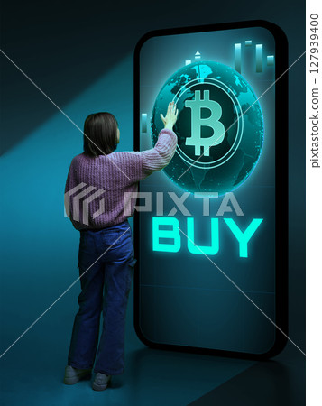Person interacting with giant smartphone displaying bitcoin and buy button 127939400