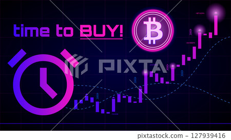 Neon bitcoin graphic with glowing trading chart and buy recommendation Neon bitcoin graphic with glowing trading chart and buy recommendation 127939416