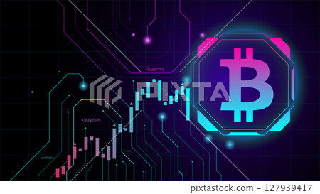 Digital cryptocurrency market analysis with glowing bitcoin symbol 127939417