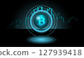 Futuristic bitcoin symbol with glowing charts representing cryptocurrency trading and finance trends 127939418