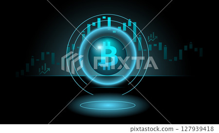 Futuristic bitcoin symbol with glowing charts representing cryptocurrency trading and finance trends 127939418