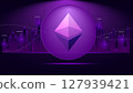 Ethereum logo with digital trading chart background in purple theme illustrating cryptocurrency 127939421
