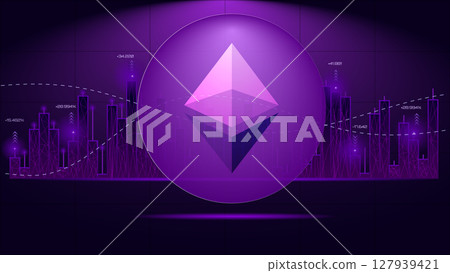 Ethereum logo with digital trading chart background in purple theme illustrating cryptocurrency 127939421