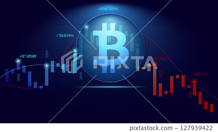 Cryptocurrency market trading chart with prominent bitcoin symbol in digital finance theme 127939422