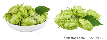 Hop cones in ceramic bowl isolated on white background. Beer brewing ingredients 127939439