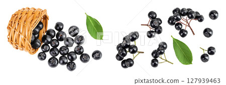Chokeberry with leaf in a wicker basket isolated on white background. Black aronia. Top view. Flat lay Chokeberry with leaf in a wicker basket isolated on white background. Black aronia. Top view. Flat lay 127939463
