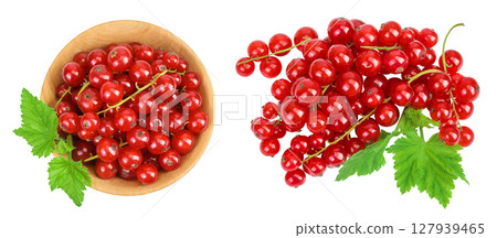 Red currant berries in a wooden bowl isolated on white background. Top view. Flat lay 127939465