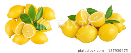Ripe lemon with half isolated on white background with full depth of field. Top view. Flat lay 127939475