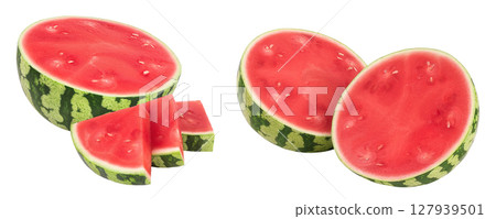 Red seedless watermelon half isolated on white background with full depth of field. 127939501