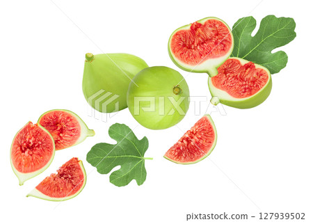 Ripe green fig fruit isolated on white background with full depth of field. Top view. Flat lay. Ripe green fig fruit isolated on white background with full depth of field. Top view. Flat lay. 127939502