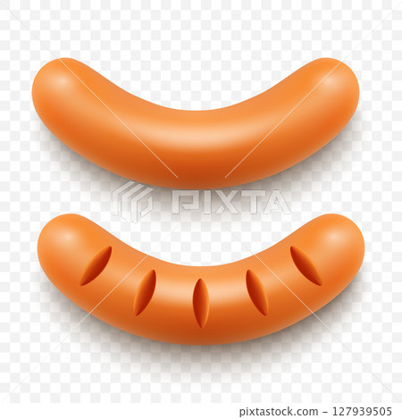 Vector 3d Realistic Grilled Sausage Icon. Tasty Hot Dog Sausage, Isolated. BBQ Meat, Fast Food Snack. Picnic Barbecue, Street Food Menu Design. Cooked Pork Sausages, Grill Food, Isolated Sausage 127939505