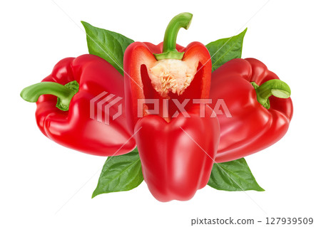 red sweet bell pepper with slices isolated on white background. Top view. Flat lay red sweet bell pepper with slices isolated on white background. Top view. Flat lay 127939509