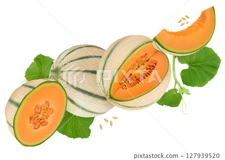 Cantaloupe melon isolated on white background with full depth of field. Top view. Flat lay Cantaloupe melon isolated on white background with full depth of field. Top view. Flat lay 127939520