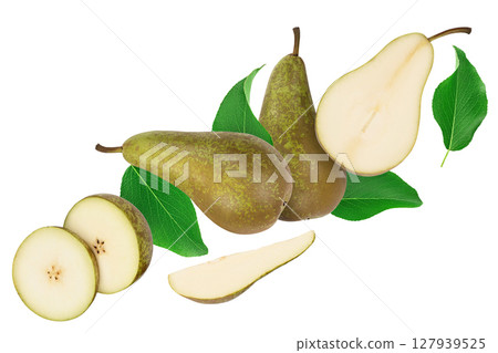 Green conference pear isolated on white background. Top view. Flat lay Green conference pear isolated on white background. Top view. Flat lay 127939525