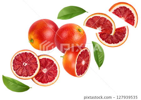 Blood red oranges with slices isolated on white background . Top view. Flat lay 127939535