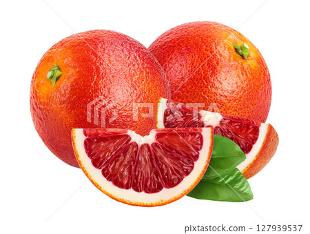 Blood red oranges isolated on white background with full depth of field 127939537
