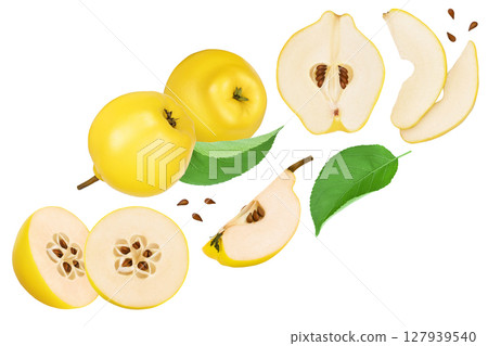 Fresh quince with half and slices isolated on the white background with full depth of field. Top view. Flat lay 127939540