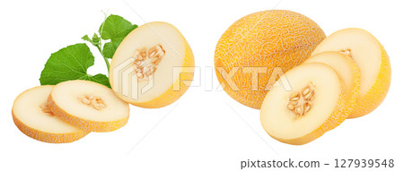 Melon half and slices isolated on white background with full depth of field 127939548
