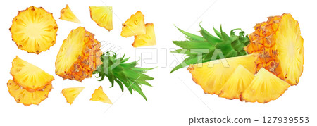 pineapple slices isolated on white background . Top view. Flat lay pineapple slices isolated on white background . Top view. Flat lay 127939553