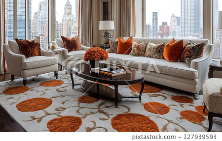 Elegant living room interior design orange and beige decor city view 127939593
