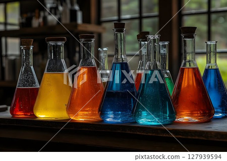 Colorful glass flasks science experiment laboratory research education 127939594