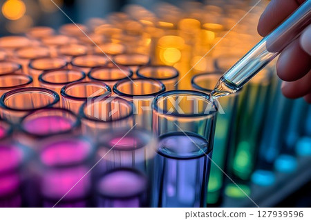 Colorful test tubes close up view of scientific experiment 127939596