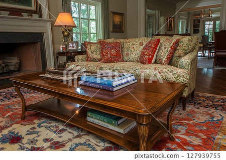 Elegant living room interior with floral sofa and wooden coffee table 127939755