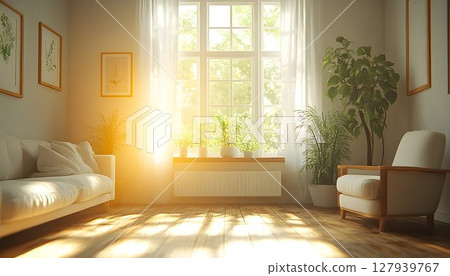 Sunlight filled room interior design bright and serene home decor 127939767