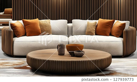 Modern sectional sofa and wooden coffee table in elegant living room setting 127939773