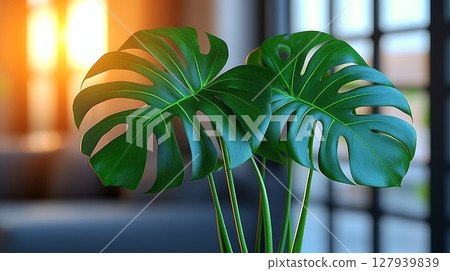 Lush green monstera leaves warm indoor lighting nature photography 127939839