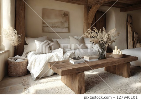 Neutral tones living room interior design natural materials sunlight cozy atmosphere 127940101