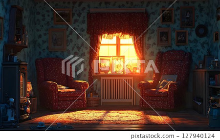 Warm sunlight in vintage room interior with armchairs 127940124