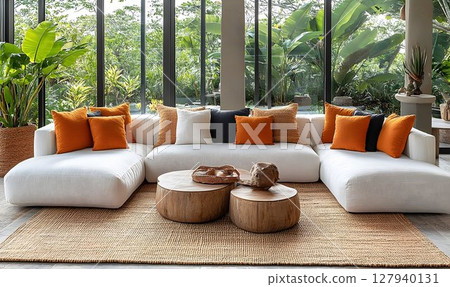 Modern sectional sofa in bright living room with lush greenery view Modern sectional sofa in bright living room with lush greenery view 127940131