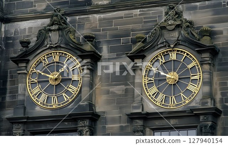 Antique clocks on stone building facade intricate details gold accents 127940154
