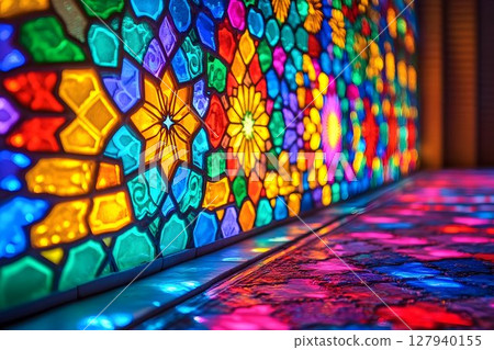 Colorful mosaic tile wall with geometric patterns and bright reflections Colorful mosaic tile wall with geometric patterns and bright reflections 127940155