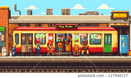 Pixel art train station scene commuters waiting on platform 127940157