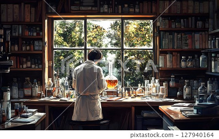 Scientist conducting experiment in vintage laboratory setting Scientist conducting experiment in vintage laboratory setting 127940164
