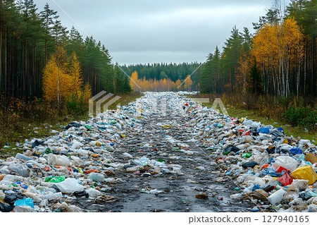 Plastic waste piling up along forest road environmental pollution 127940165