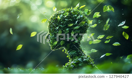 Surreal digital art of an ethereal woman formed by green leaves. Concept of connection with nature 127940427