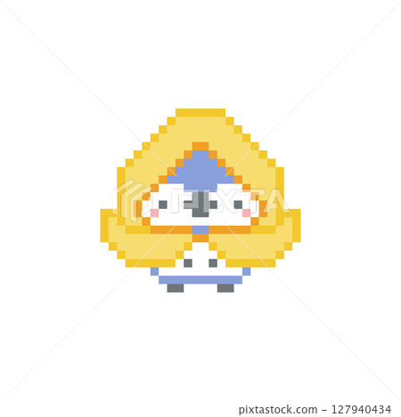 Pixel art of a yellow raincoat and a frolicking blue owl 127940434