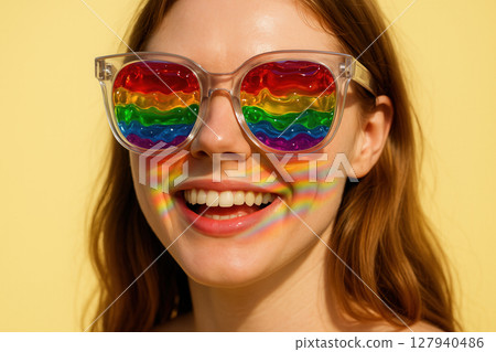 Laughing Woman Sporting Clear Sunglasses Filled with Rainbow Gelatin Lenses 127940486