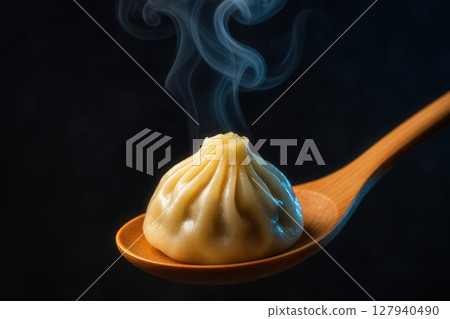 Steaming Xiaolongbao Dumpling Resting on Wooden Spoon with Aromatic Swirls Steaming Xiaolongbao Dumpling Resting on Wooden Spoon with Aromatic Swirls 127940490