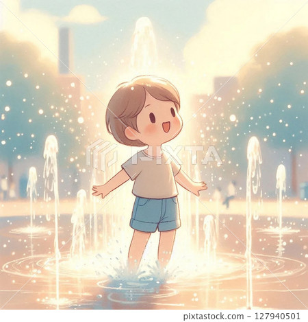 一座閃閃發光的噴泉和一個孩子 127940501