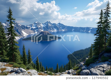 blue lake in the mountains 127940502
