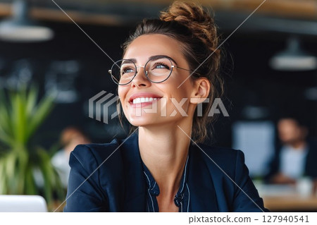 Happy woman smiles outdoors in business suit. Bright expression suits career or success themes. Ideal for professional or lifestyle photos. 127940541
