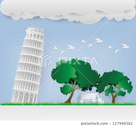 Pisa tower monument, building in the city, the famous Leaning tower of Pisa, paper cutting art, beautiful background images 127940562