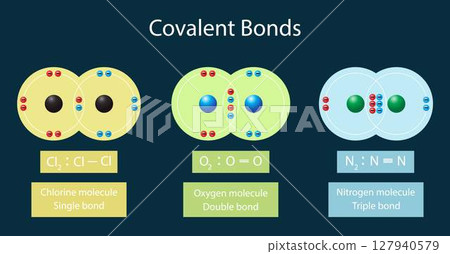 illustration of chemistry, covalent bond is a chemical bond that involves the sharing of electron pairs between atoms to form a stable molecule, Chlorine molecule, Oxygen molecule, Nitrogen molecule 127940579