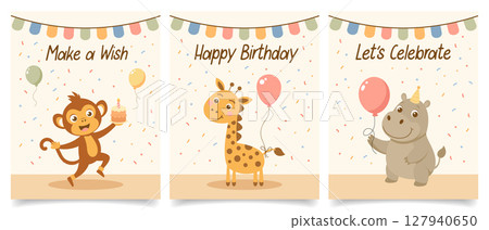 Set of birthday invitation cards with cute wild animals. Birthday greeting cards. Illustration for postcard, invitation, poster, print. 127940650