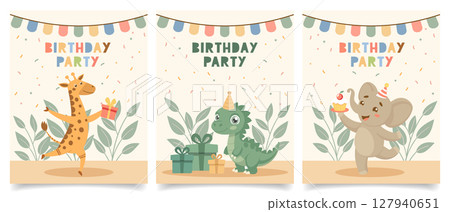 Set of birthday invitation cards with cute wild animals. Birthday greeting cards. Illustration for postcard, invitation, poster, print. 127940651