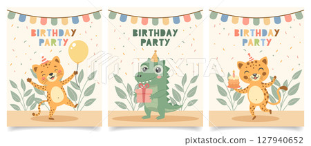 Set of birthday invitation cards with cute wild animals. Birthday greeting cards. Illustration for postcard, invitation, poster, print. 127940652